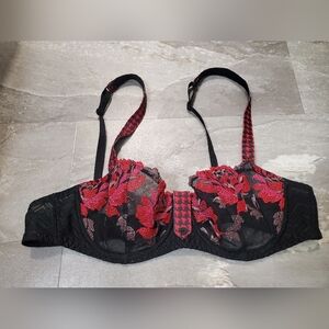 Aubade Black Lace Bra with Red Floral Embroidery